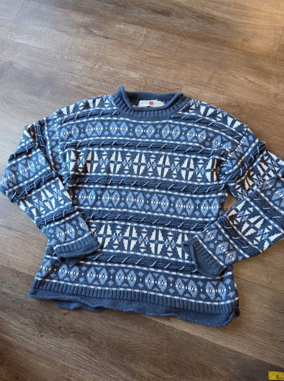 Milano Sport Blue Fair Isle Style Chunky Knit Stitch Blue/White Grandpa Sweater